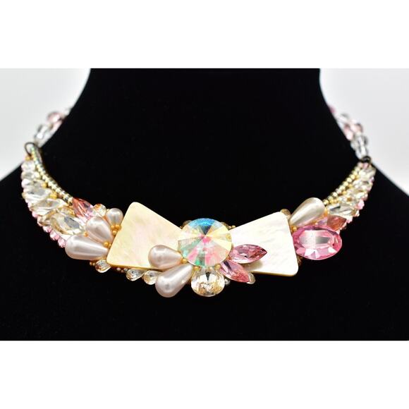 Wendy Gell Vintage Collar Necklace Cluster Pink AB Crystal Pearl Signed 80s BinN - Picture 3 of 12